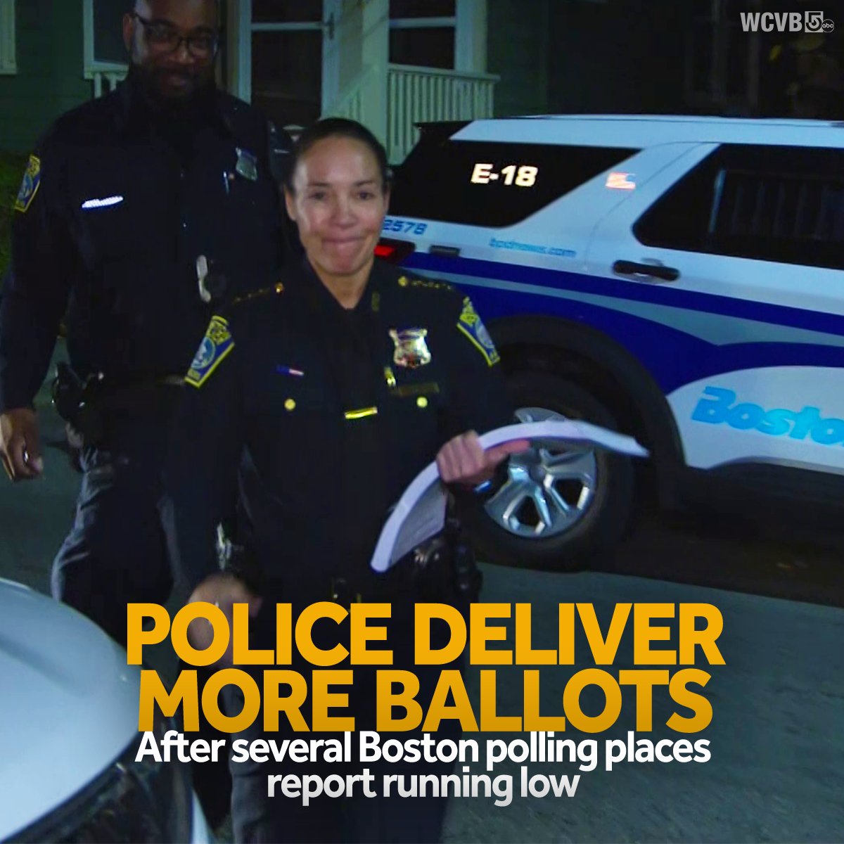WCVB's tweet photo. Boston election officials used police officers to rush extra ballots to several polling places that were running low — in some cases the officers were authorized to use their lights and sirens through rush hour traffic. https://t.co/lU9LP11dpx  #Boston #Election #Ballots https://t.co/nsGLHpF7l0
