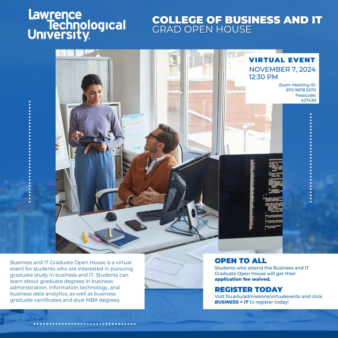 BusitSrm's tweet photo. Ready to level up your business education? Join us for our virtual Business and IT Graduate Open House this Thursday, Nov. 7, starting at 12:30 p.m.! 💼

Register now ➡️ https://t.co/vlqmQT0pd7

✨ Be curious. Make magic. ✨

#WeAreLTU https://t.co/XgthP6FQIY
