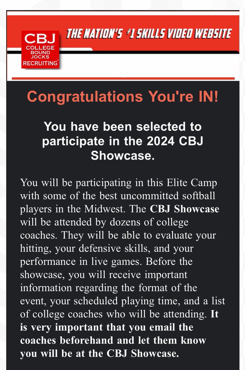 Thank you <a href="/CollegeBDJocks/">College Bound Jocks</a> for selecting me!| can't wait to showcase my abilities in just a few weeks! <a href="/ZipsSB/">Akron Zips Softball</a> <a href="/BGSUSoftball/">BGSU Softball</a> <a href="/NKUNorseSB/">NKU Softball 🥎</a> <a href="/MiamiOH_SB/">Miami Softball</a> <a href="/ToledoSoftball/">Toledo Softball</a> <a href="/OaklandSoftball/">Oakland Softball</a> <a href="/CMUSoftball/">CMU Softball</a> <a href="/DetroitTitansSB/">Detroit Mercy Softball ⚔️</a> <a href="/umichsoftball/">Michigan Softball</a> <a href="/ValpoSoftball/">Valpo Softball</a>