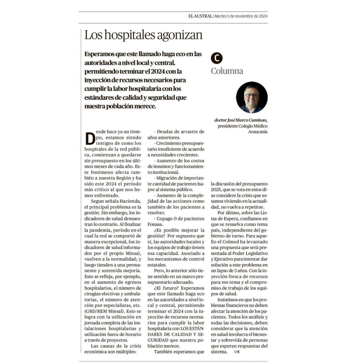 marcocumi's tweet photo. Columna de hoy en Diario Austral de Temuco en relación a crisis de financiamiento Hospitalario https://t.co/gf77Ev8UUu