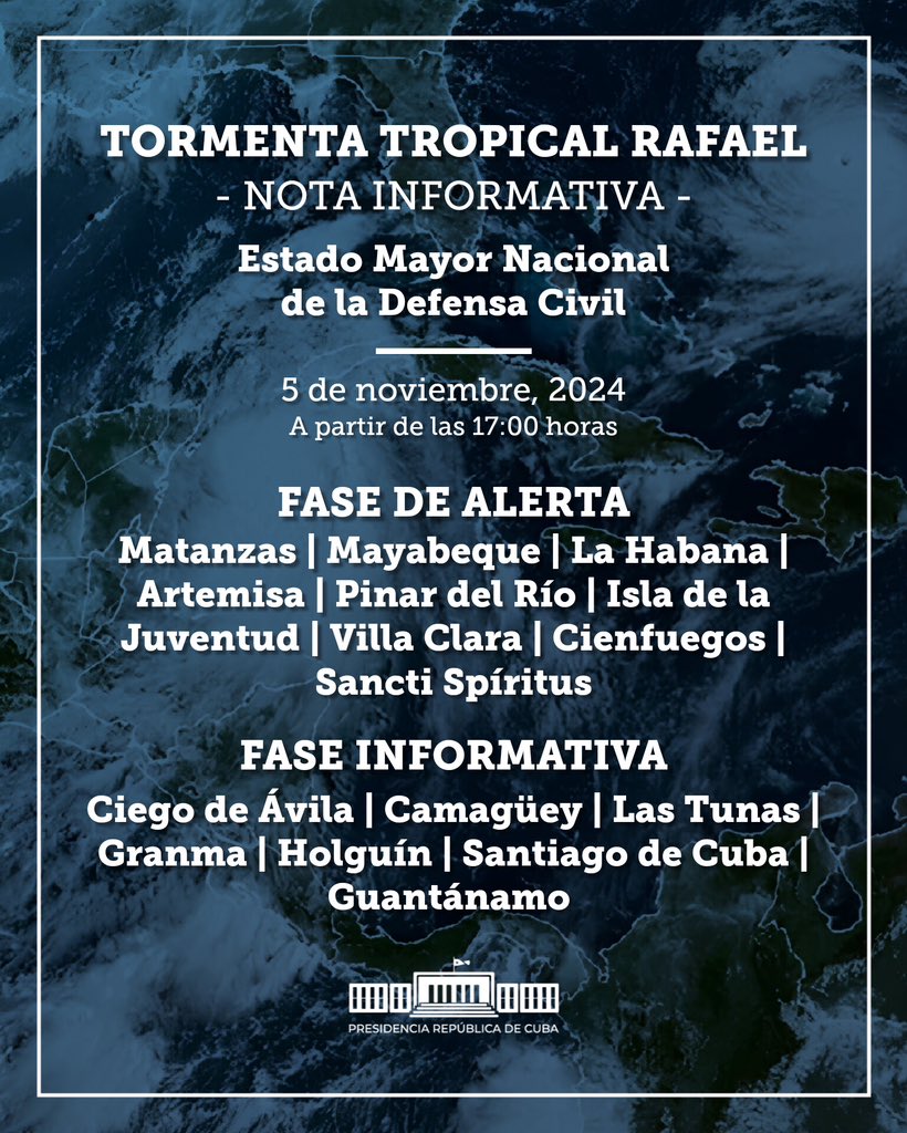 Activamos el Consejo de Defensa Nacional para la máxima atención al paso del ciclón Rafael. Se han estado tomando las medidas en cada lugar para proteger a nuestro pueblo y los recursos materiales. Como lo hemos hecho siempre en Revolución, de esta situación saldremos adelante.