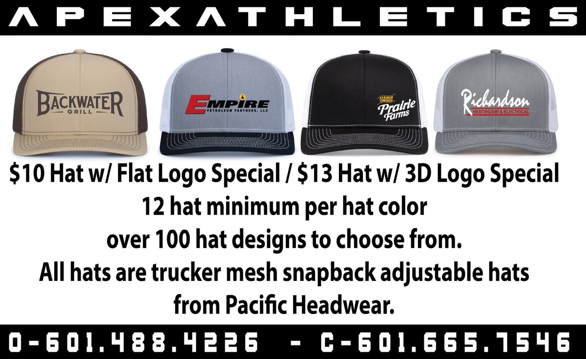 Apex Athletics has a great deal on trucker mesh SnapBack hats. Perfect for businesses. Call 601.665.7546