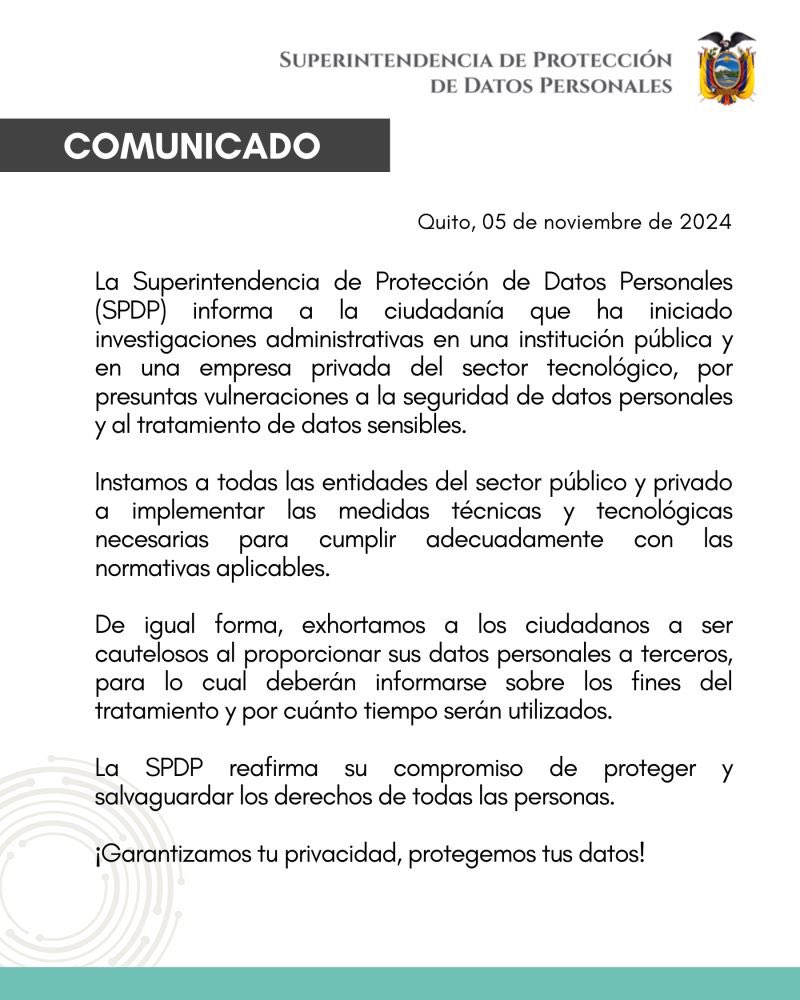 BACLAWEC's tweet photo. 📢 La Superintendencia de Protección de Datos Personales (SPDP) ha iniciado investigaciones por posibles vulneraciones a la seguridad de datos en instituciones del sector público y privado. 

📲 ¡Contáctanos y asegura el cumplimiento de las medidas para proteger los datos! https://t.co/zl7mIAwVKE
