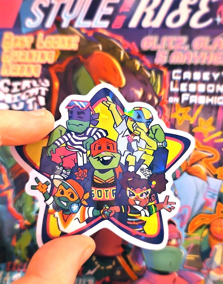 RiseFashionZine's tweet image. Check out this sample of our first stretch goal, the holo die cut sticker! It turned out completely adorable! Preorders are still open!

#rottmnt