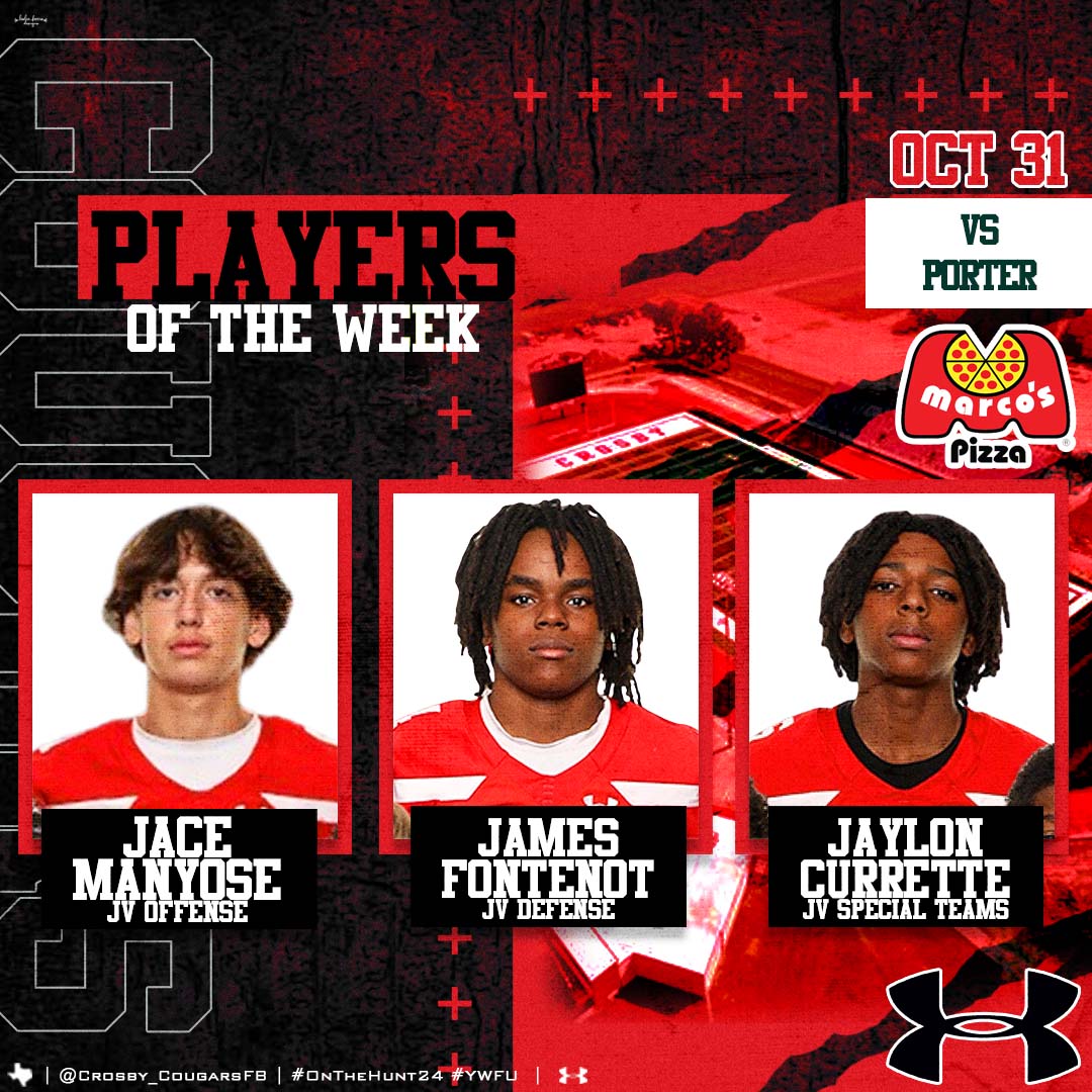 Crosby_CougarFB's tweet photo. Another victory for the COOGS!📈 Huge congrats to this week's players of the week vs Porter. #Coogs #OTH @MarcosPizza https://t.co/T2gnTGtXZM