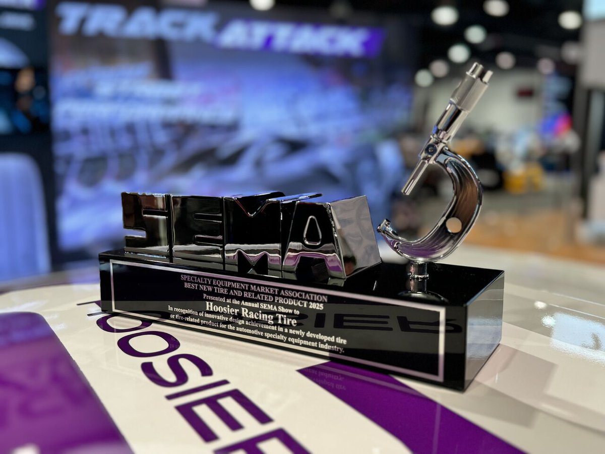 JBurfien's tweet photo. I am beyond thrilled to share that Hoosier has won a 2024 SEMA New Product Award in the Tire and Related Product category for the TrackAttack Pro! What an honor it is to win an award at SEMA, especially with a tire that’s been on the market for just six weeks. https://t.co/4tio4R1Y04
