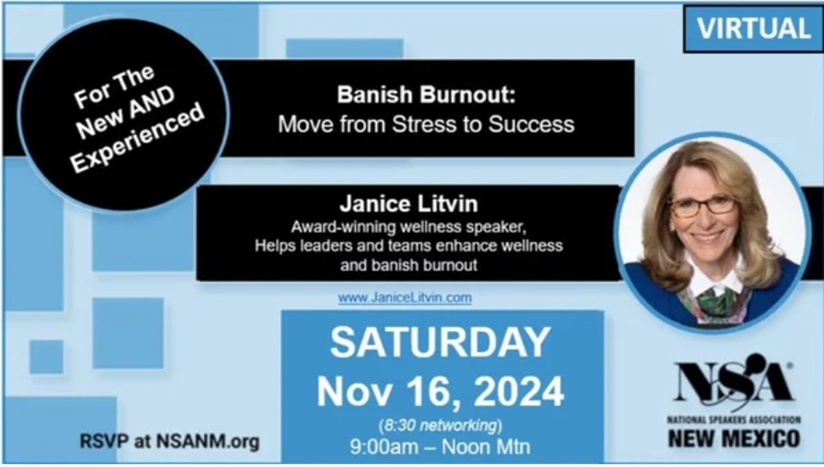 #Speakers Join me to learn how to #BanishBurnout @NSANewMexico 11/16 Reg at NSANM.org