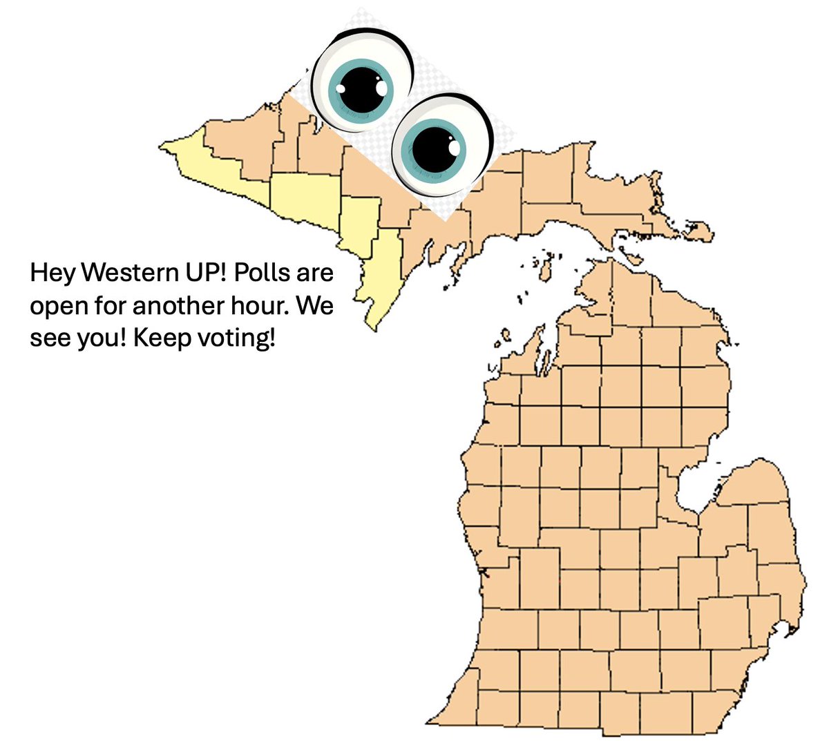 michigan_voices's tweet photo. Polls are open in the Western Upper Peninsula until 8CT/9ET. We see you. Keep voting. xo, The Lower Peninsula #MIVoting https://t.co/GEJNXlJE86