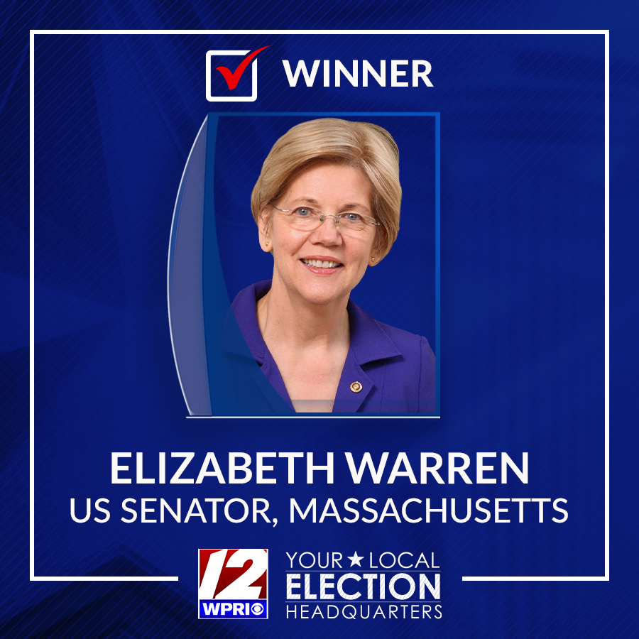 wpri12's tweet photo. Sen. Elizabeth Warren has been reelected to represent Massachusetts in the U.S. Senate. #YourLocalElectionHQ
Track the real-time election results here: https://t.co/fxNdGeLSsr https://t.co/UfL1NxBGKj