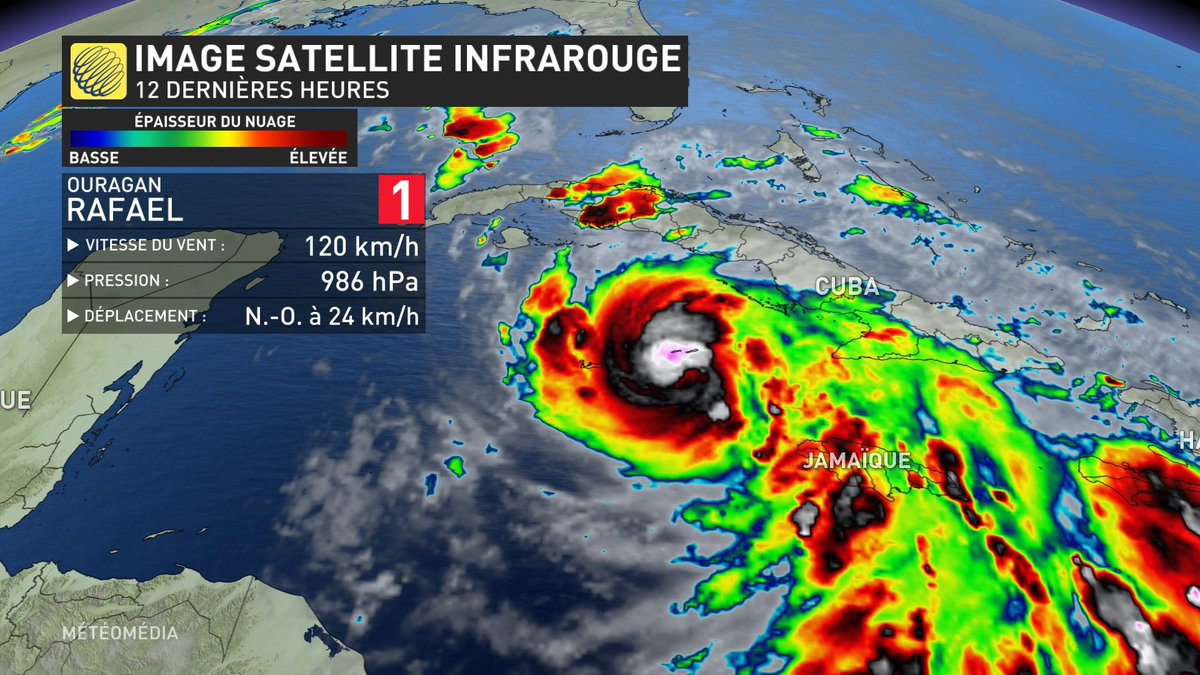 Rafael s'est intensifié et est devenu un ouragan de cat. 1 mardi soir dans la mer des Caraïbes. C'est le 7e de la saison dans l'Atlantique. Il se dirige vers Cuba dangereusement avec onde de tempête jusqu'à 3 m et pluie jusqu'à 250 mm localement.
#mm #meteoqc