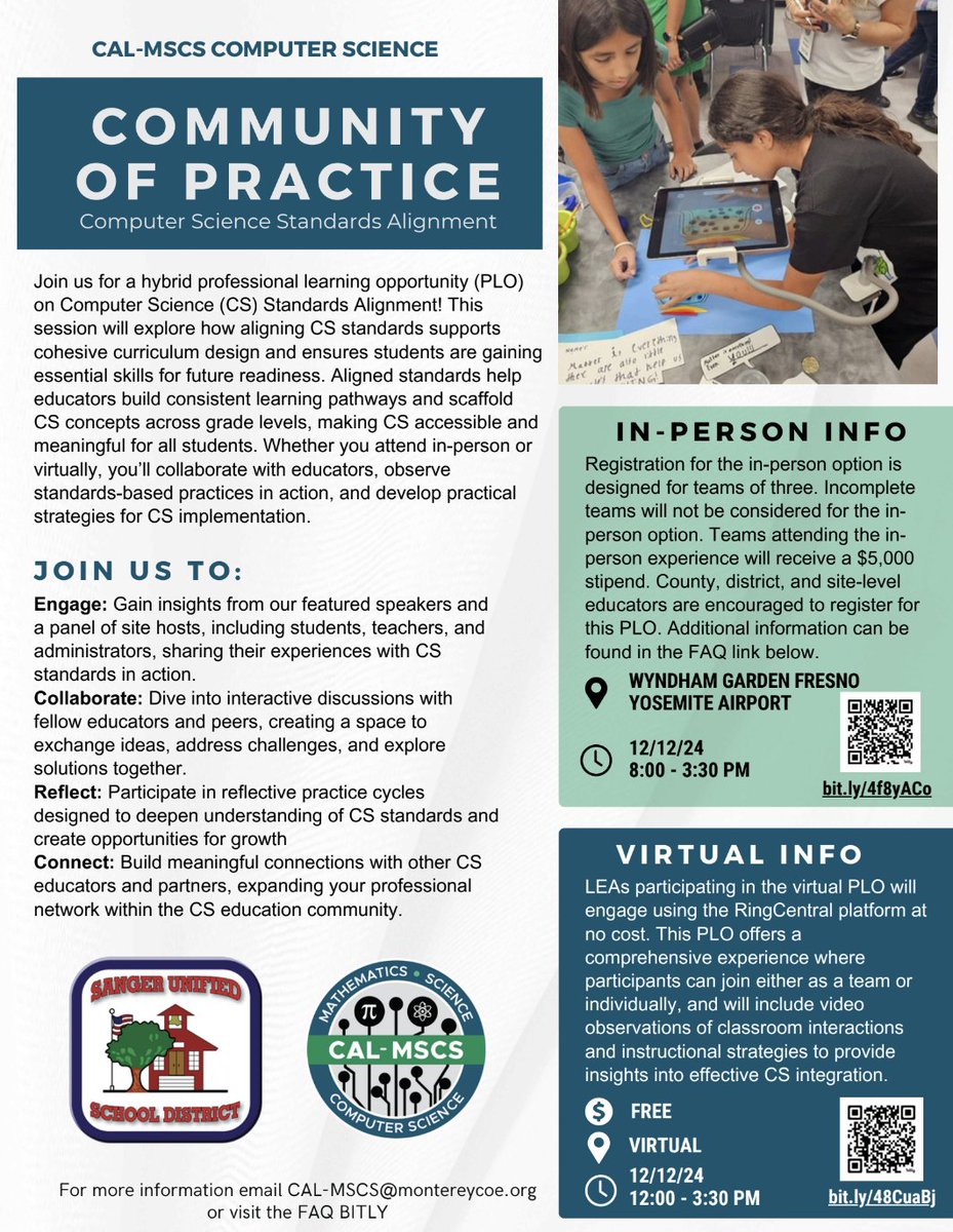 CA Educators: Make this #CSEdWeek one to remember! Bring a team to join in person in the Central Valley or sign up to attend virtually, for statewide computer science community of practice. Stipends available for teams to attend in person and support CS in their context.