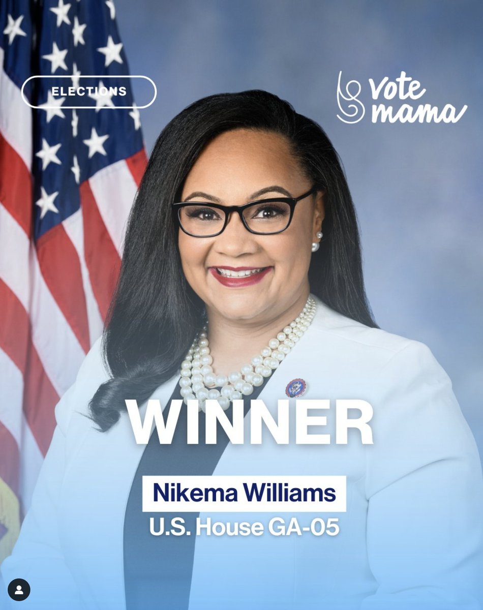 🚨BREAKING🚨 @nikemawilliams is headed back to Congress in GA!

She's a champion for voter protection and accessibility, she she proves that moms are not afraid to do the work. 

Congratulations, mama!  

#VoteMamaPAC #2024ElectionResults