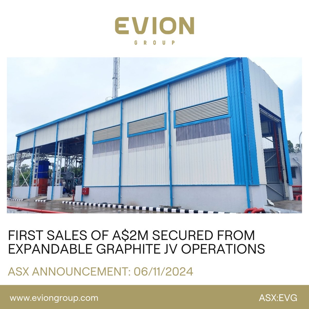 EvionGroup's tweet photo. @EvionGroup is thrilled to announce that it has secured the first sales of A$2 million from its expandable graphite JV operations in India!
Read the full announcement here: https://t.co/P3kSxGYikk
#ASX #ASXNews #ASXAnnouncement #EVG #Mining #Miningnews #Graphite #Eviongroup https://t.co/oVbIsJUMZc