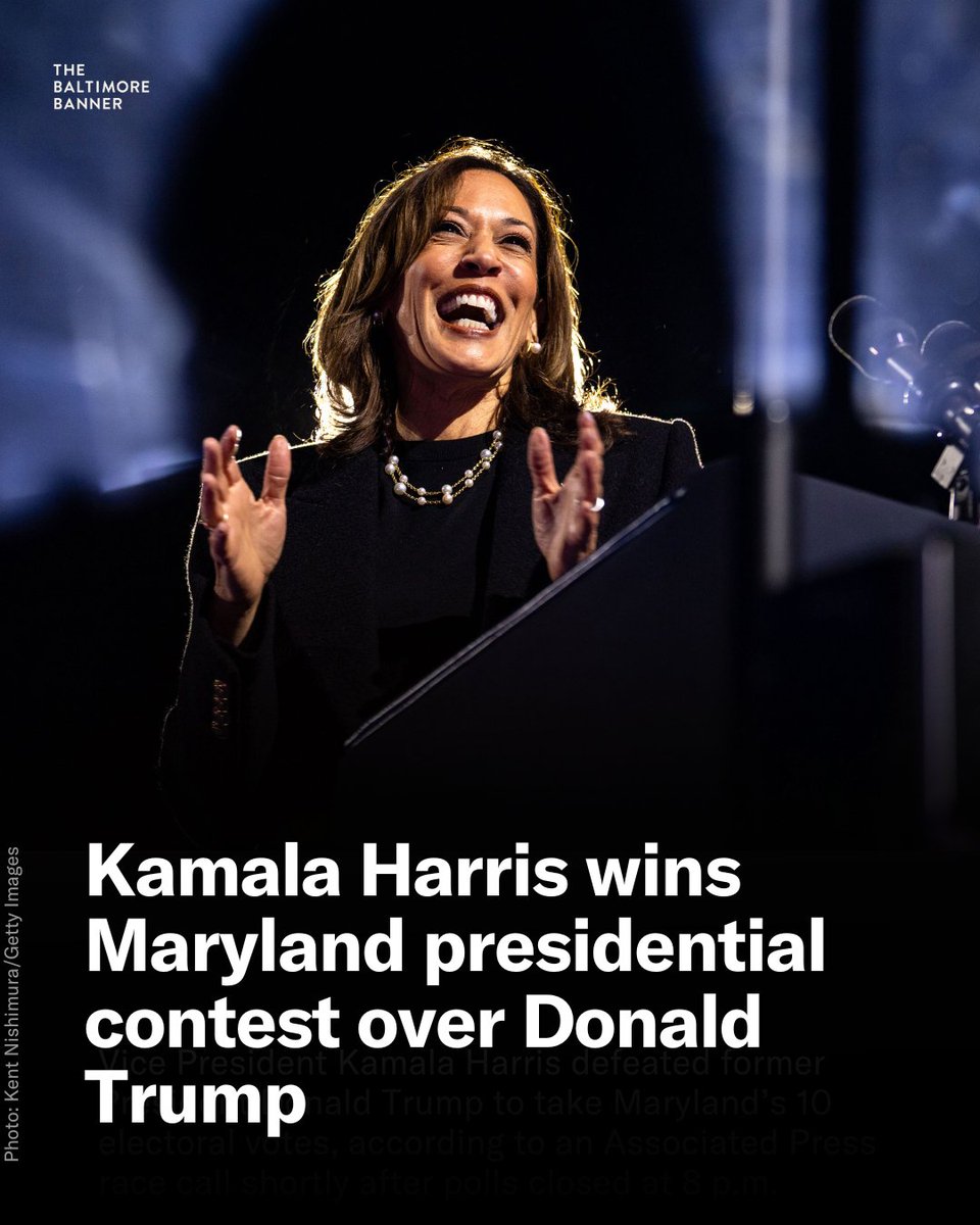 BaltimoreBanner's tweet photo. Vice President Kamala Harris defeated former President Donald Trump to take Maryland’s 10 electoral votes, according to an Associated Press race call shortly after polls closed at 8 p.m. https://t.co/KcIXYbBaDB https://t.co/An8FCUCDq1