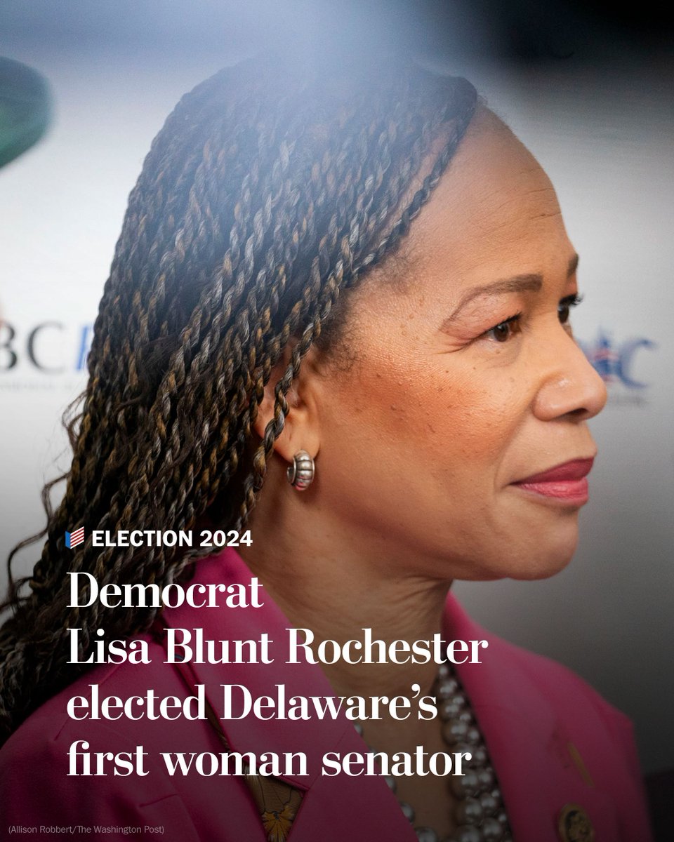 washingtonpost's tweet image. U.S. Rep. Lisa Blunt Rochester has defeated Republican Eric Hansen in Delaware’s U.S. Senate race.

Blunt Rochester will become the first woman and first Black person to represent Delaware in the Senate: wapo.st/4fxBY9R