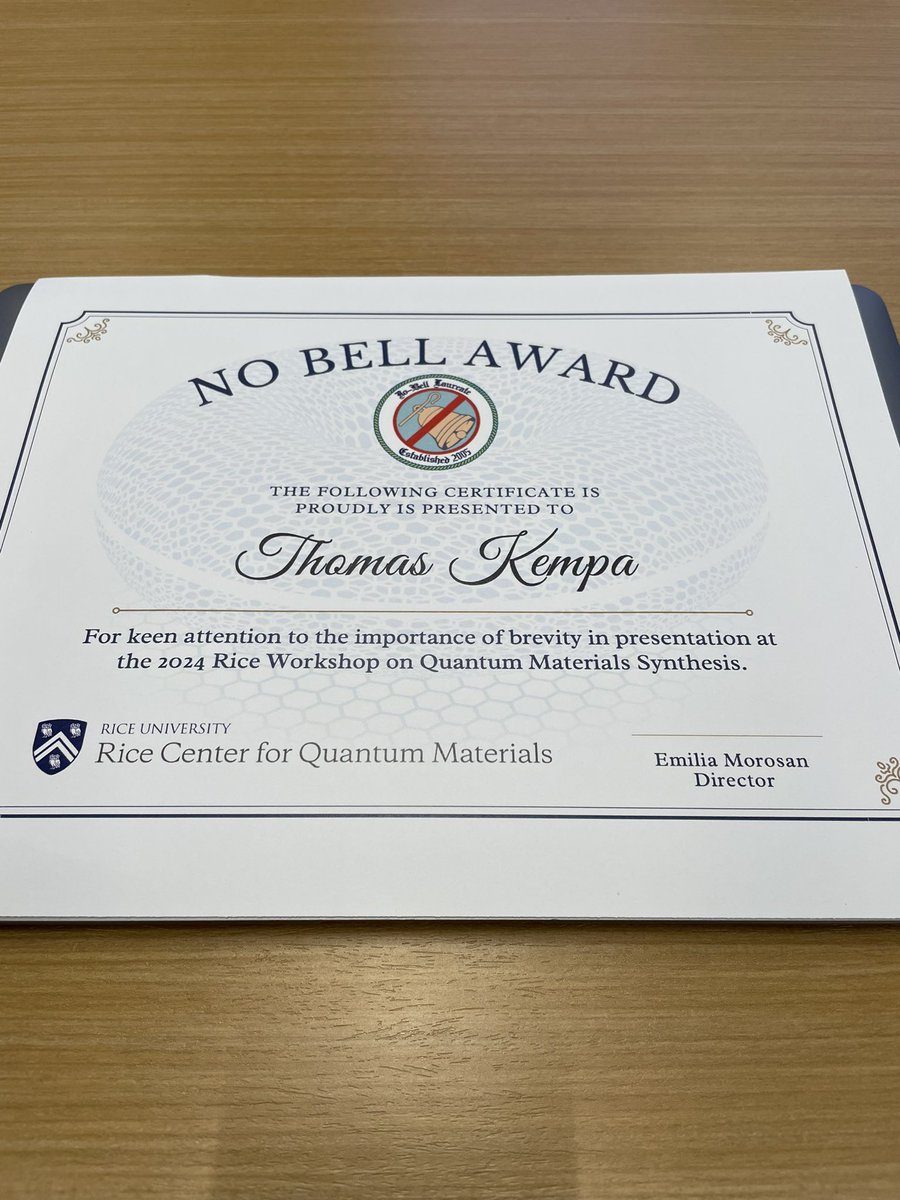 Thomas J. Kempa (@tomkempa) on Twitter photo I am deeply honored and humbled to be the recipient of the No Bell Award from the <a href="/RiceUniversity/">Rice University</a> Center for Quantum Materials (#RCQM) for critical contributions to on-time completion of my talk (bell gong was not necessary).
Excited to celebrate with <a href="/Kempa_Group/">Kempa Group</a> I am deeply honored and humbled to be the recipient of the No Bell Award from the <a href="/RiceUniversity/">Rice University</a> Center for Quantum Materials (#RCQM) for critical contributions to on-time completion of my talk (bell gong was not necessary).
Excited to celebrate with <a href="/Kempa_Group/">Kempa Group</a>