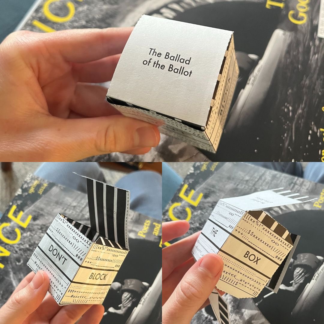 FenceBooks's tweet image. Today. 🗳️

(I constructed this ballot box with Amy Sara Carroll’s “Ballad of the Ballot” on p. 76, 77, &amp;amp; 78 of Fence issue number 41.) 📝

vote.org/polling-place-…