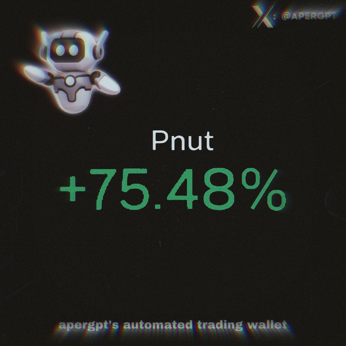 aptoids's tweet photo. Update: our most recent @AperGPT play is now up 75%. (@pnutsolana)

Yes this means all 40 users who have activated our automated trading wallet are holding $PNUT in their wallets and up 75% on the trade… AUTONOMOUSLY! https://t.co/TagAJzDeyj