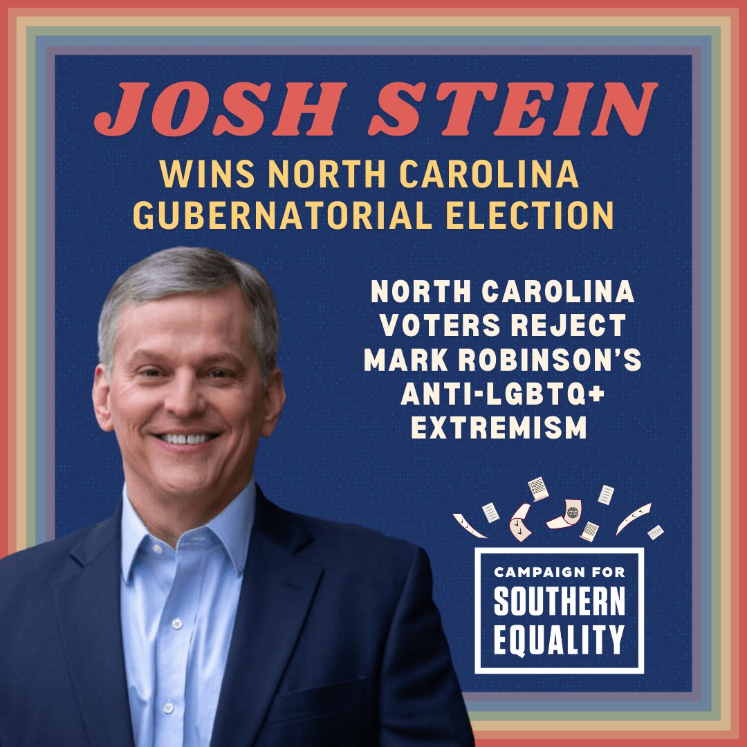 North Carolina voters turned out for LGBTQ+ equality today 🗳🏳️‍🌈

NC decisively rejected Lt. Gov. Mark Robinson’s hateful anti-LGBTQ+ rhetoric and voted to elect NC AG Josh Stein, a friend to LGBTQ+ communities. #election2024