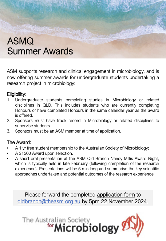 ASM QLD Branch (@asm_qld) on Twitter photo Are you a QLD undergraduate student interested in carrying out a short project in microbiology? Then look no further than our summer awards - now open! Further details in flyer below. Application form available from qldbranch@theasm.org.au Are you a QLD undergraduate student interested in carrying out a short project in microbiology? Then look no further than our summer awards - now open! Further details in flyer below. Application form available from qldbranch@theasm.org.au