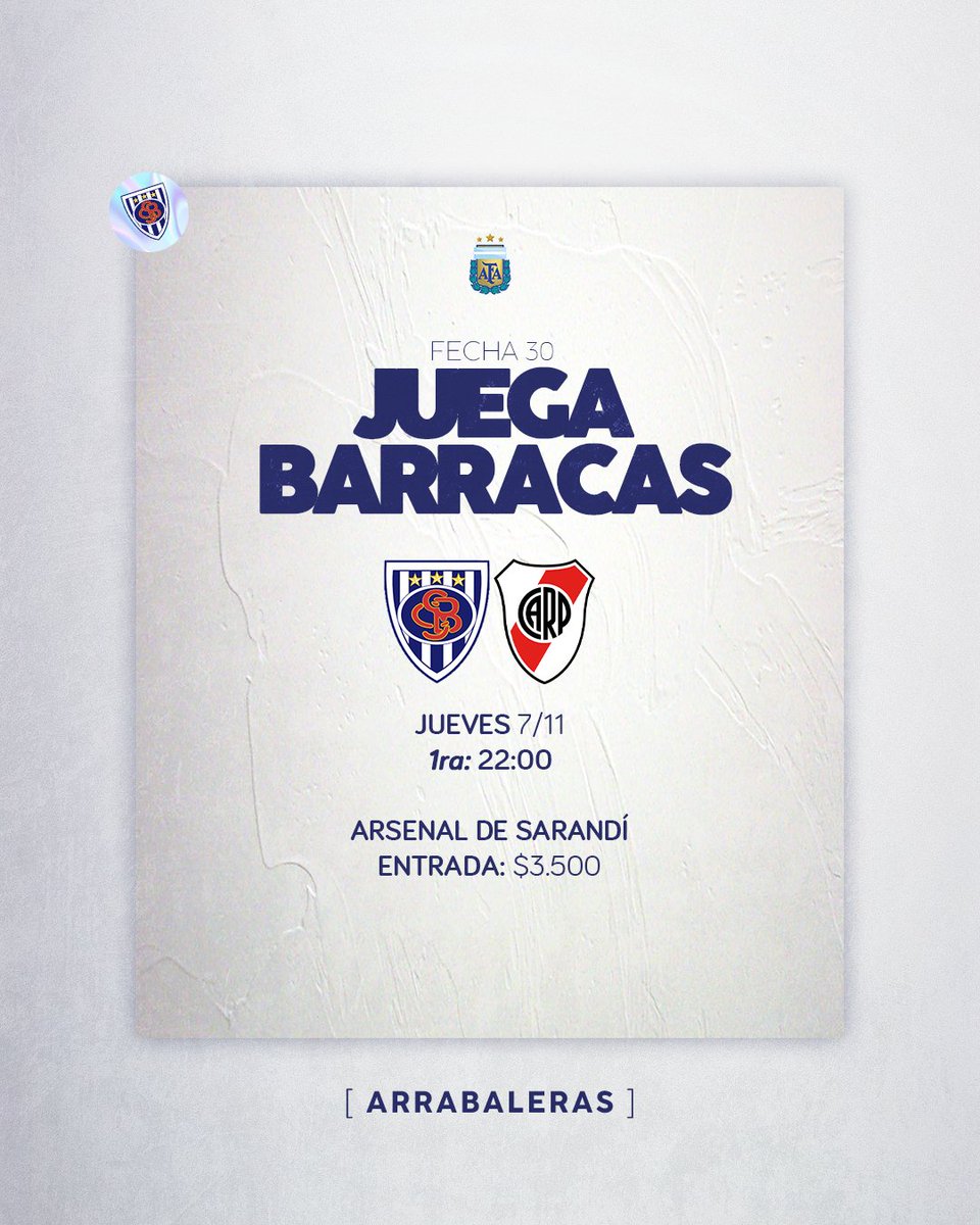 FutsalSportivo's tweet image. #𝗔𝗿𝗿𝗮𝗯𝗮𝗹𝗲𝗿𝗮𝘀 #1ra 🔜 Este jueves recibimos a River por la última fecha de la fase regular del Torneo 💪🏻

⚠️ El partido se jugará a las 22 en la cancha de Arsenal de Sarandí.

¡𝘿𝘼𝘼𝘼𝙇𝙀𝙀𝙀 𝘽𝘼𝙍𝙍𝘼𝘼𝘾𝘼𝘼𝘼𝙎! 💙
