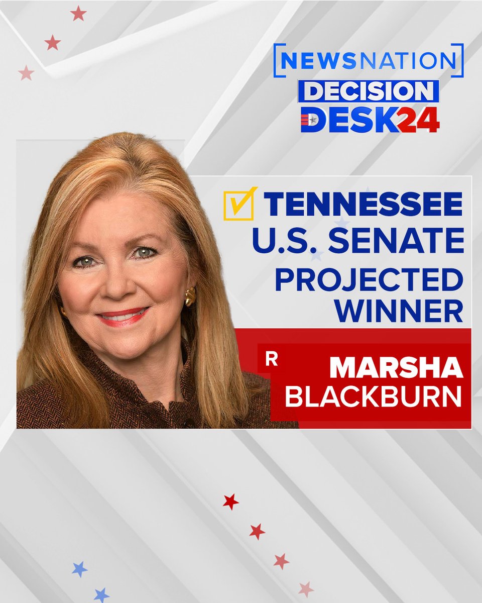 NewsNation's tweet photo. TENNESSEE RACE CALLED: Incumbent Republican Sen. @MarshaBlackburn is projected to win reelection in the #TNSenate race, according to @NewsNation / @DecisionDeskHQ. #Election2024 #Tennessee Live Updates: https://t.co/ydT5ksHtYD https://t.co/4nhuUG7oTO