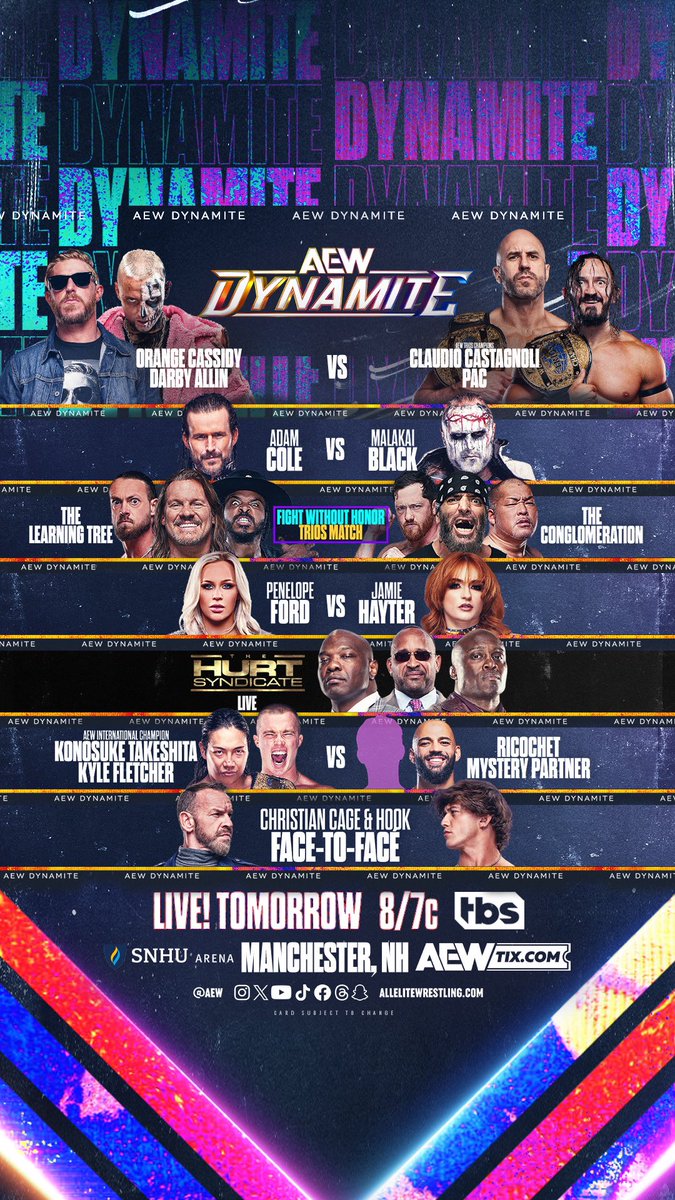 Thank you all who watch AEW!

TOMORROW is
Wednesday Night #AEWDynamite,
a huge lineup of matches + lots of excitement around AEW and  #AEWFullGear!

After a fantastic Fright Night Dynamite last Wednesday +
a strong Saturday #AEWCollision,
don’t miss Wednesday <a href="/AEWonTV/">AEW on TV</a> TOMORROW!