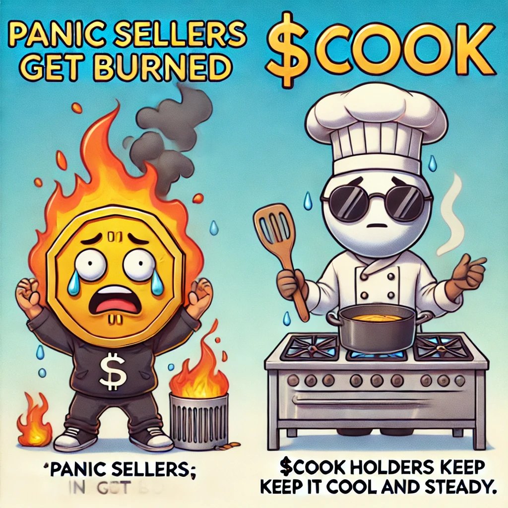 GhostTrader88's tweet photo. Day 15: $COOK vs. 'Panic Seller Coin'

 – Panic sellers get burned; $COOK holders keep it cool and steady. #StayCooking