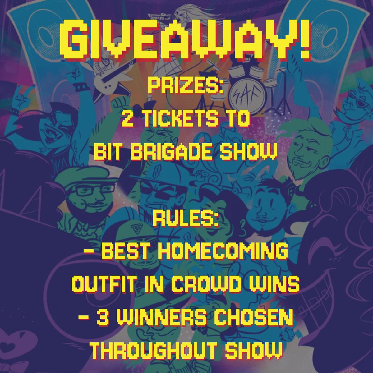 SuperArtFight's tweet photo. How do you win Bit Brigade tickets???

Make sure you come to our Ottobar show this Friday with your sharpest Homecoming look. 

During the show, we will pick the Three Best Dressed People from the crowd and they each will win 2 tickets. 

Simple as that!

#Giveaway #Tickets https://t.co/CzTa6q4jkl