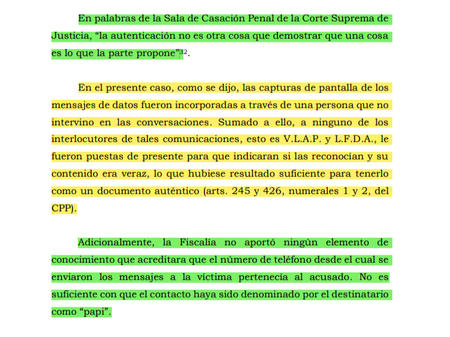 ✅: Validez probatoria de la capturas de pantalla; La fiscalía no  acredito que el número de teléfono desde el cual se enviaron los mensajes a la victima pertenencia al acusado. No es suficiente con que el contacto haya sido denominado por el destinatario como "papi".