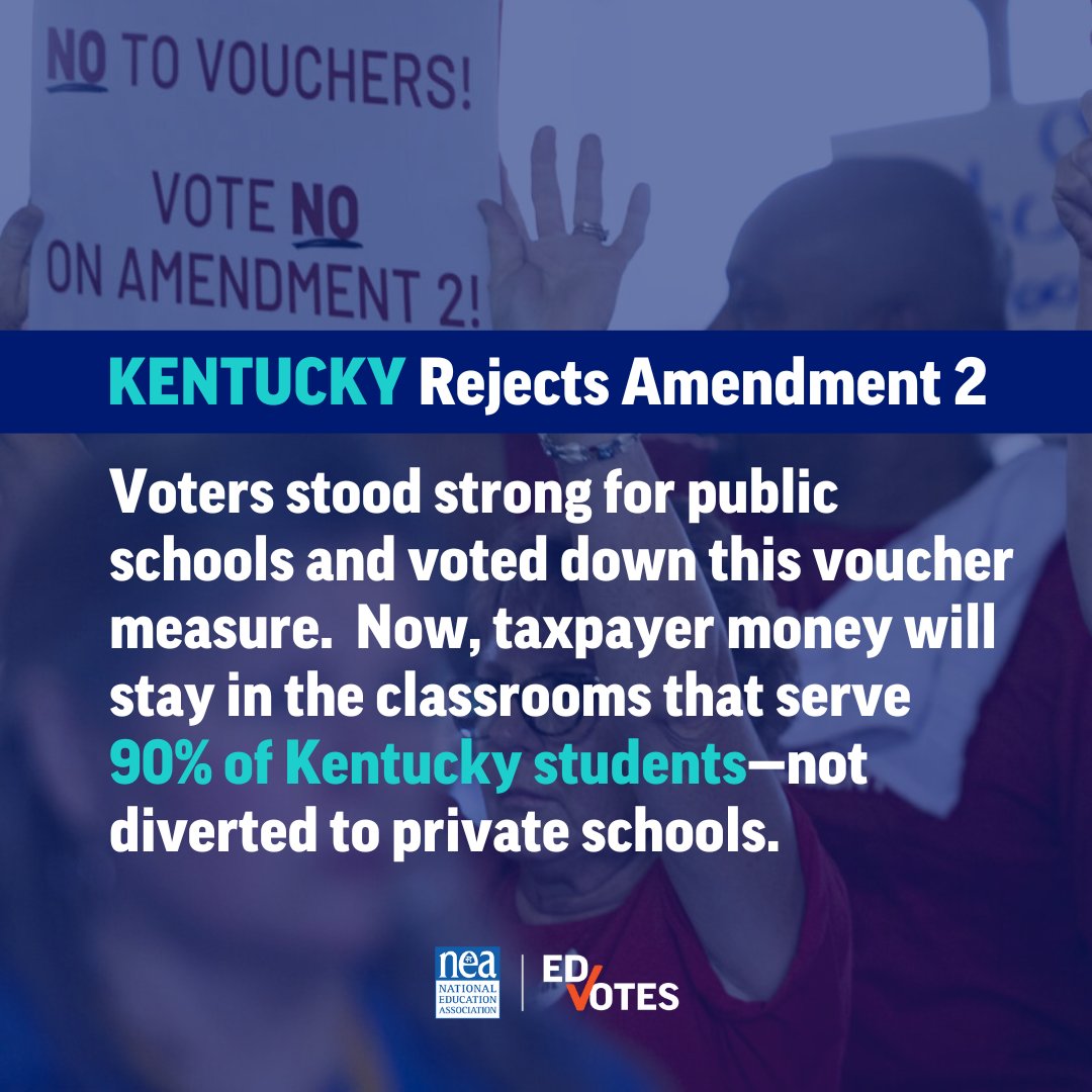 NEAToday's tweet image. This win against Amendment 2 is a victory for every Kentucky student, educator, and rural community. Instead of draining resources from our public schools, Kentucky can invest in proven strategies that help *all* students thrive. Thank you, @KYEducators, for leading this fight!