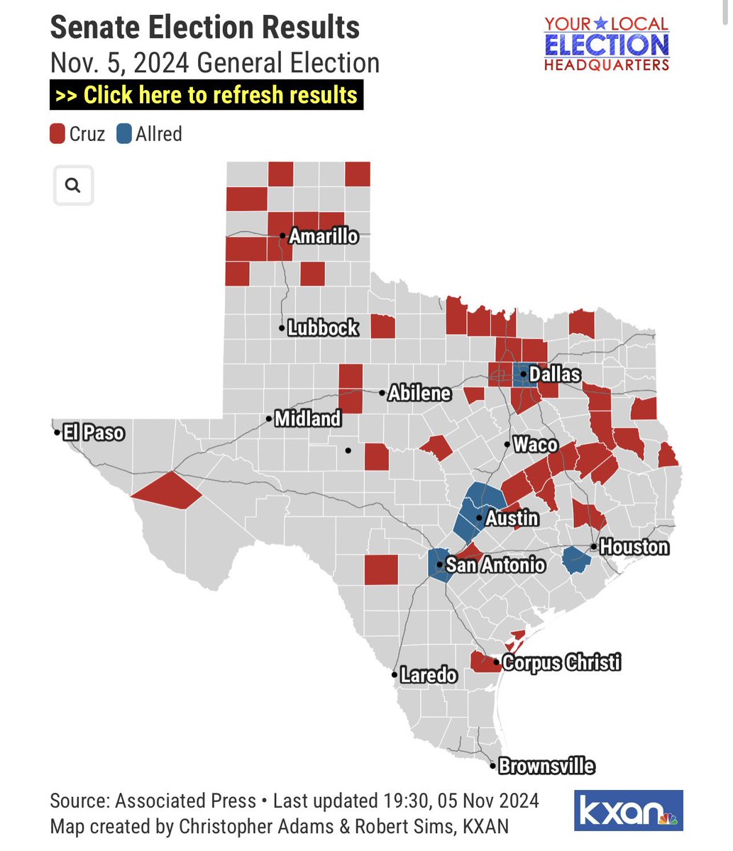 With about half of the votes counted:
Cruz 49.7
Allred 48.4

In Tarrant, Cruz is up 2 and Trump is up 6. , Beto and Biden won Tarrant in 18 and 20, just barely. 

Allred and Trump are both just barely winning in Williamson
