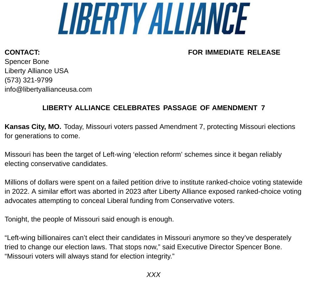 LibertyAllUSA's tweet image. Today, Missouri voters passed Amendment 7, protecting Missouri Elections for years to come. #YesOn7 #MOLeg