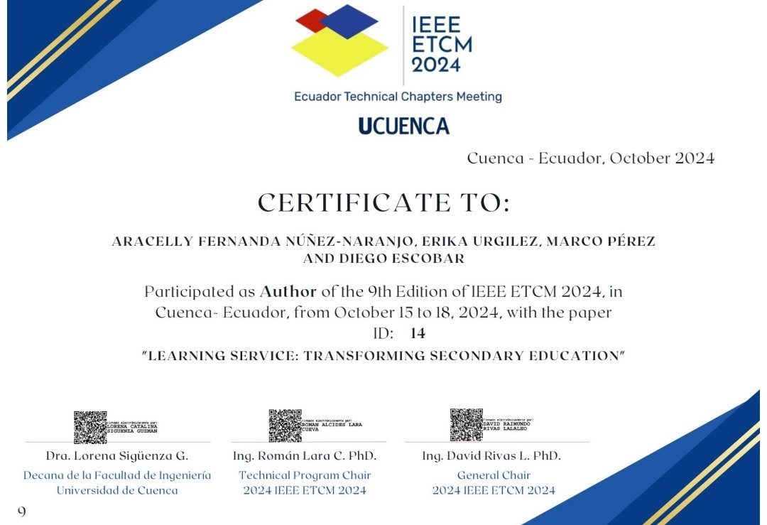 Arita271286's tweet photo. Comparto con ustedes el certificado de ponente en #ETCM #IEEE 2024 #investigacion #UCuenca https://t.co/BDThZUDFmt