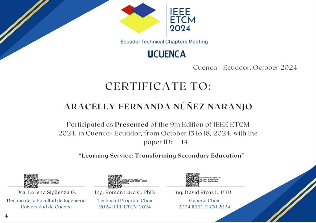 Arita271286's tweet photo. Comparto con ustedes el certificado de ponente en #ETCM #IEEE 2024 #investigacion #UCuenca https://t.co/BDThZUDFmt