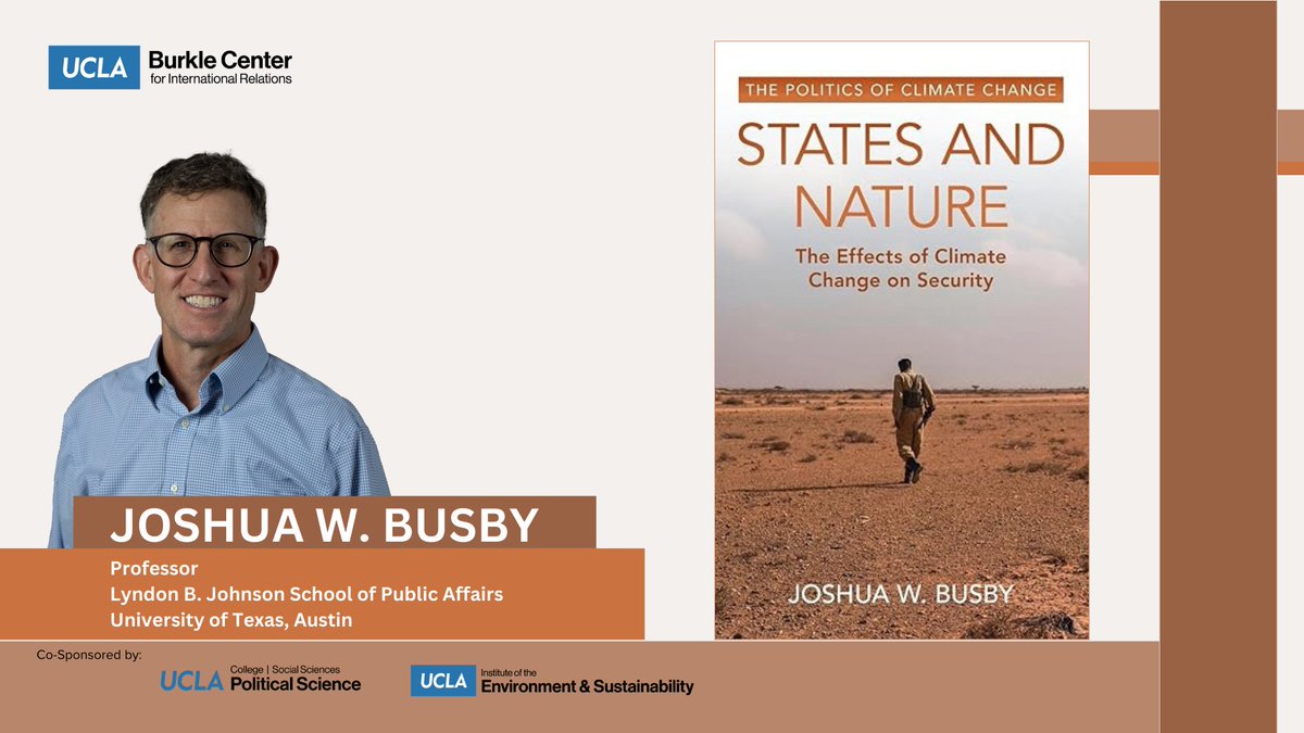 UCLA Burkle Center (@burklecenter) on Twitter photo 1 week away! Webinar with @thelbjschool Professor Joshua W. Busby (<a href="/busbyj2/">Josh Busby</a>) about climate conflict! Fun Fact: From 2021-2023, Busby served as a Senior Advisor for Climate at the <a href="/DeptofDefense/">Department of Defense 🇺🇸</a>. Register now:
international.ucla.edu/burkle/event/1…
Co-sponsored by <a href="/polisciucla/">UCLA Poli Sci</a> <a href="/UCLAIoES/">UCLA Environment</a> 1 week away! Webinar with @thelbjschool Professor Joshua W. Busby (<a href="/busbyj2/">Josh Busby</a>) about climate conflict! Fun Fact: From 2021-2023, Busby served as a Senior Advisor for Climate at the <a href="/DeptofDefense/">Department of Defense 🇺🇸</a>. Register now:
international.ucla.edu/burkle/event/1…
Co-sponsored by <a href="/polisciucla/">UCLA Poli Sci</a> <a href="/UCLAIoES/">UCLA Environment</a>