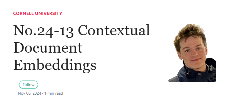 Ruihong Qiu (@ruihongqiu) on Twitter photo During the busy US election time, today we have Jack Morris <a href="/jxmnop/">jxmo</a> from <a href="/Cornell/">Cornell University</a> to give us an inspiring talk about Contextual Document Embeddings (uq-ds-seminar.github.io/context-jack/) at <a href="/UQSchoolEECS/">UQ School of EECS</a>. What a brilliant idea in obtaining doc embeddings! During the busy US election time, today we have Jack Morris <a href="/jxmnop/">jxmo</a> from <a href="/Cornell/">Cornell University</a> to give us an inspiring talk about Contextual Document Embeddings (uq-ds-seminar.github.io/context-jack/) at <a href="/UQSchoolEECS/">UQ School of EECS</a>. What a brilliant idea in obtaining doc embeddings!
