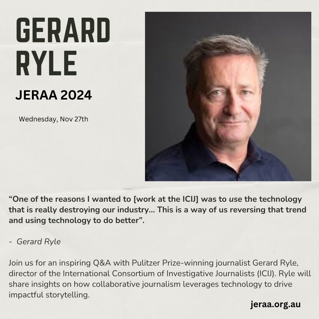 Join us for JERAA 2024 on Wednesday, November 27, where ICIJ Director Gerard Ryle will discuss "Collaborative Journalism as a Way to Fight Disruption." 

Secure your ticket here: events.humanitix.com/journalism-edu…
