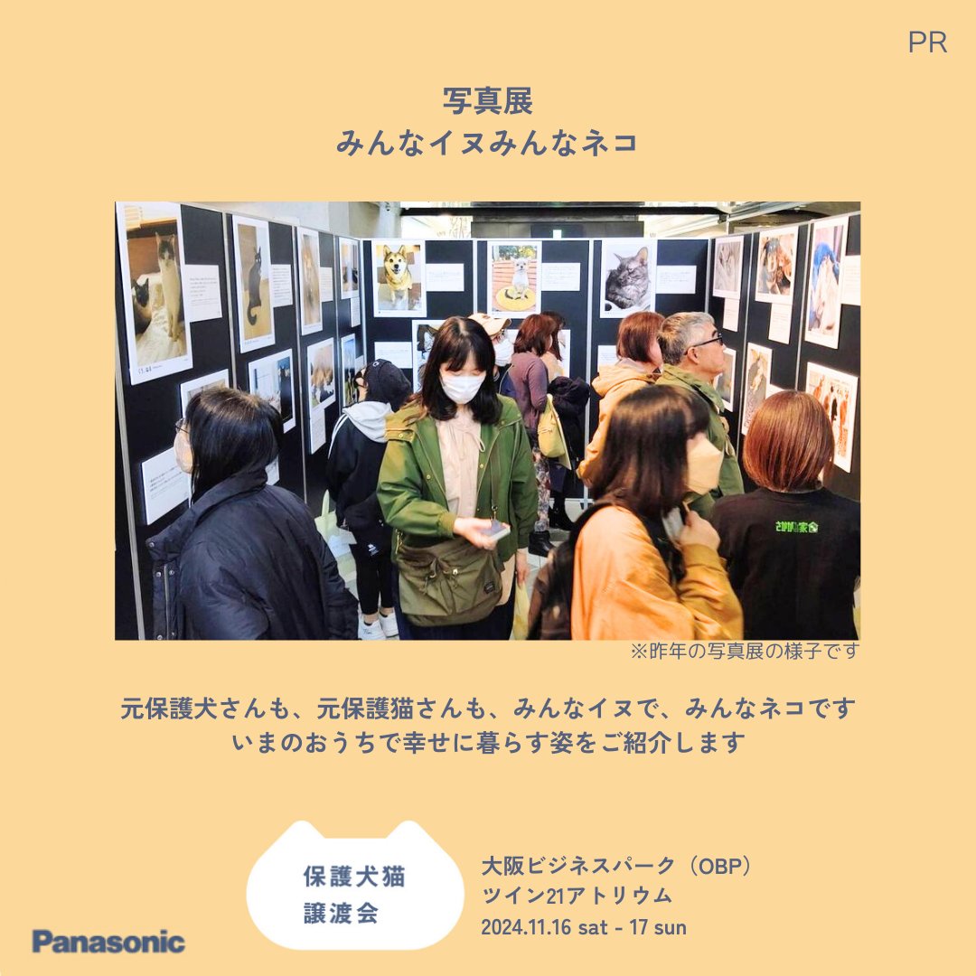 11/16,17 #パナソニック保護犬猫譲渡会 ＠大阪では、写真展「みんなイヌみんなネコ」も開催します🐈🐕

元保護犬さんや元保護猫さんが新しいおうちで幸せに暮らすいまの姿を、ご家族からのメッセージとともに約70枚の写真パネルでご紹介します。
ぜひ、会場でじっくりご覧ください。
