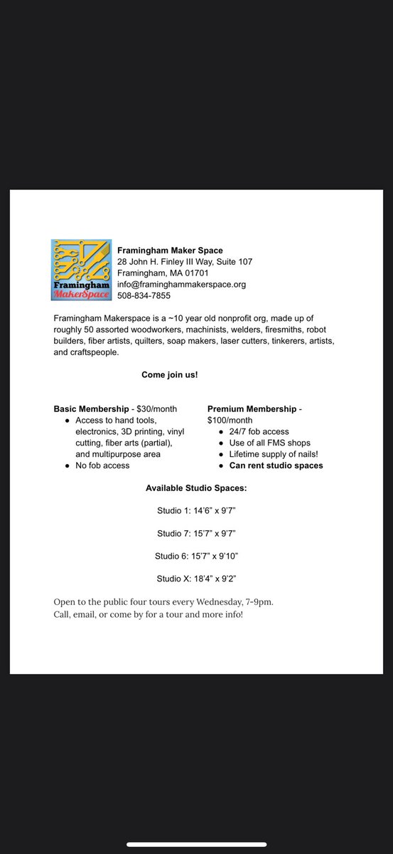 abrahamwalters's tweet photo. 🚀 **Join the Framingham Maker Space Community!** 🚀

Are you passionate about making, crafting, or inventing? Framingham Maker Space, a vibrant 10-year-old nonprofit, is calling all woodworkers, machinists, welders, fire artists, robot builders, fiber artists, quilters, soap makers, laser cutters, tinkers, and more to join our community.

**Why Join Us?**
- **Basic Membership**: $30/month for access to an array of tools including hand tools, electronics, 3D printing, vinyl cutting, fiber arts, and more.
- **Premium Membership**: $100/month for unlimited 24/7 access, use of all facilities, lifetime supply of nails, and the ability to rent studio spaces.

**Available Studio Spaces:**
- Studio 1: 14'6" x 9'7"
- Studio 7: 15'7" x 9'7"
- Studio 6: 15'7" x 9'10"
- Studio X: 18'4" x 9'2"

**Open House**: Every Wednesday from 7-9pm. Come by for a tour and see what we're all about!

**Contact Us:**
- **Email**: info@framinghammakerspace.org
- **Phone**: 508-834-7855

Visit us at 28 John H. Finley III Way, Suite 107, Framingham, MA 01701.

Let’s create, innovate, and collaborate together at Framingham Maker Space! #MakerCommunity #Innovation #Framingham #JoinUs #Creativity #Crafts #Tech