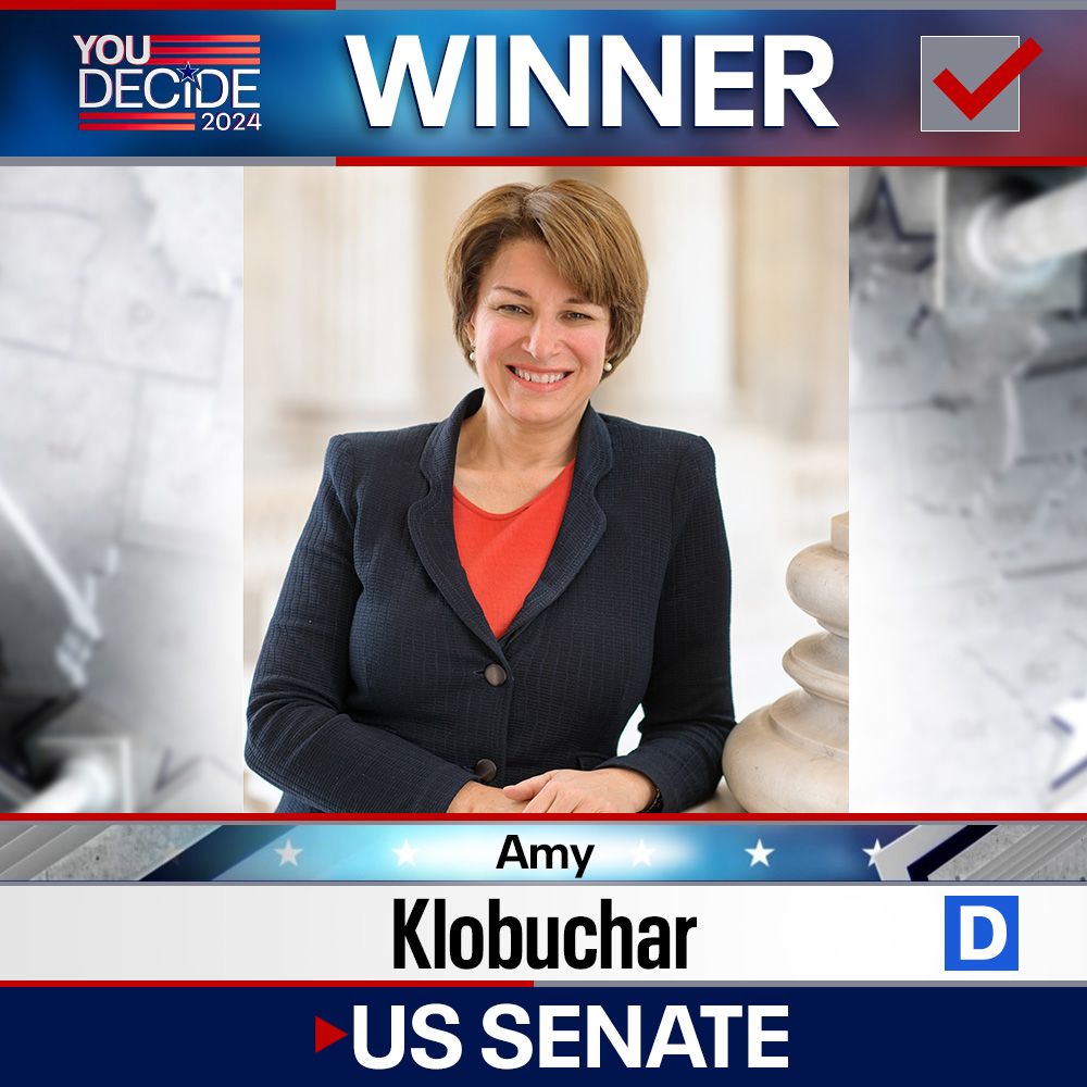 FOX9's tweet photo. BREAKING: U.S. Sen. Amy Klobuchar is the projected winner of the U.S. Senate race in Minnesota, defeating Republican Royce White.. Results: https://t.co/pqutyxHBoJ https://t.co/8M2NwaPhpd