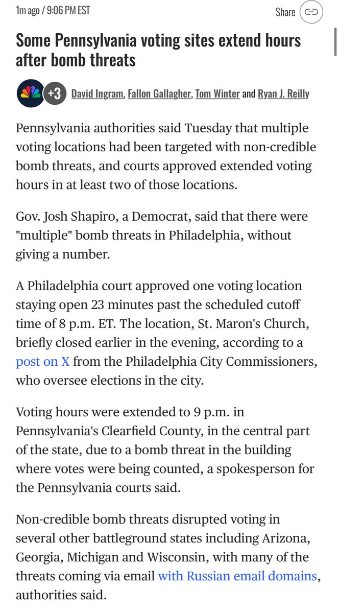 MovieXen's tweet photo. Judge extends voting in a Pennsylvania county following bomb threat  #USAElections #USElections #uselections2024 #USElection2024 #USAElection2024 #ElectionDay #Trump #KamalaHarris
@elonmusk

Credit:NBC News https://t.co/5hYs6GXDLO