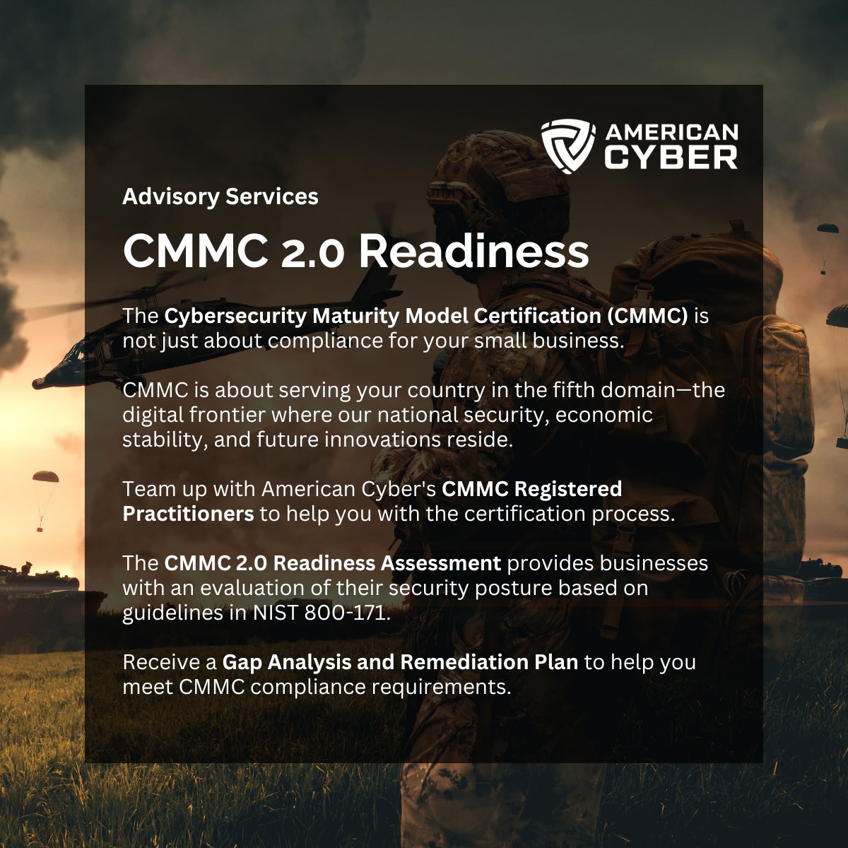 AmericanCyber1's tweet photo. American Cyber can help you navigate your #CMMC compliance journey. Book a meeting and unlock a CMMC Compliance Guide valued at $3,000. https://t.co/24Dhj8HNGq