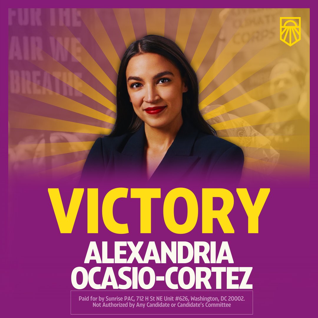 sunrisemvmt's tweet image. Congratulations to @AOC on her re-election!

Congresswoman Alexandria Ocasio-Cortez has been a tireless champion for the Green New Deal.

We’re proud to stand with her and keep fighting for the future our young people deserve.