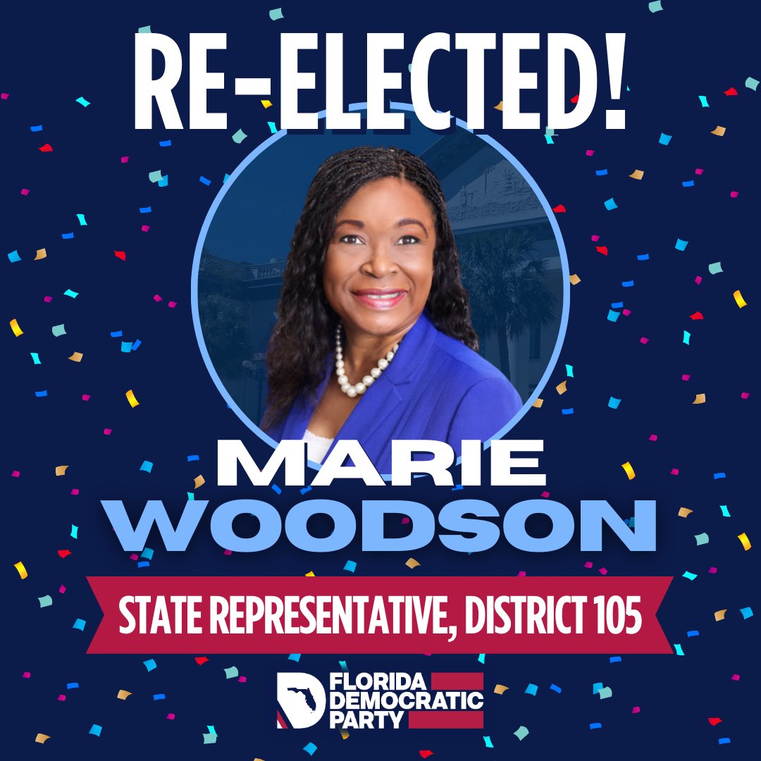 FlaDems's tweet photo. Congratulations to Rep. @MarieWoodsonFL for being re-elected to District 105 of the Florida House! https://t.co/pIy8TGjGaZ