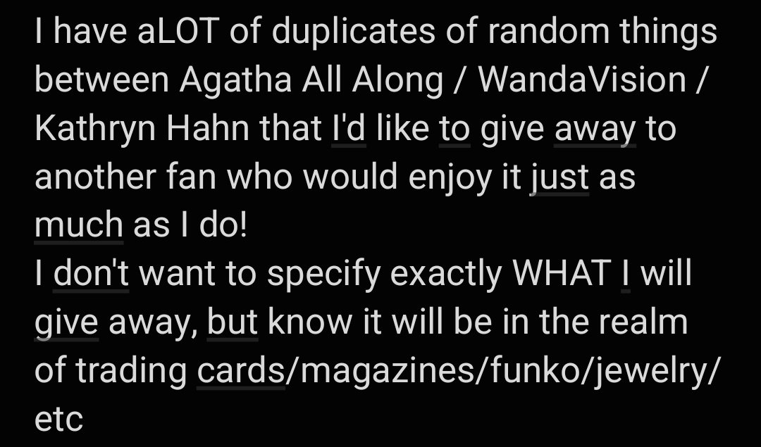 sadiexdoyle's tweet photo. Agatha / WandaVision / Kathryn Hahn giveaway announcement!

To enter:
- like this tweet

That's it! It would be cool if you were following me, but it is not necessary! 
The giveaway will close on November 17th! Open worldwide :) https://t.co/uwPbC1Mj0v