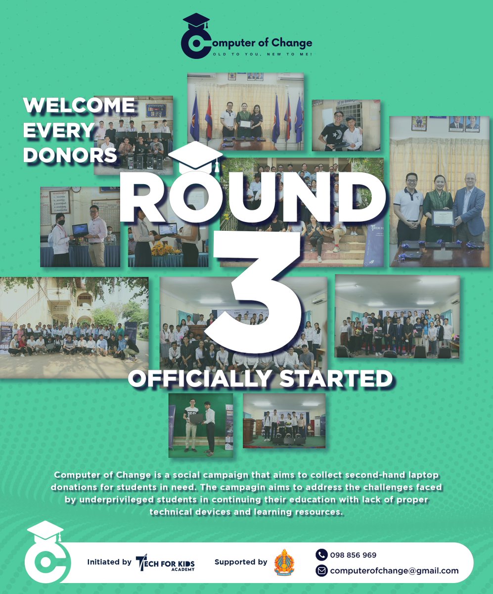 TechforKidsAcad's tweet image. Round 3 of the &quot;Computer of Change&quot; campaign is officially launched! 💻 Tech for Kids Academy is giving students in need access to essential technology &amp;amp; digital skills. Donate today &amp;amp; help Cambodia&apos;s future! #ComputerofChange #COC #TechforKidsAcademy