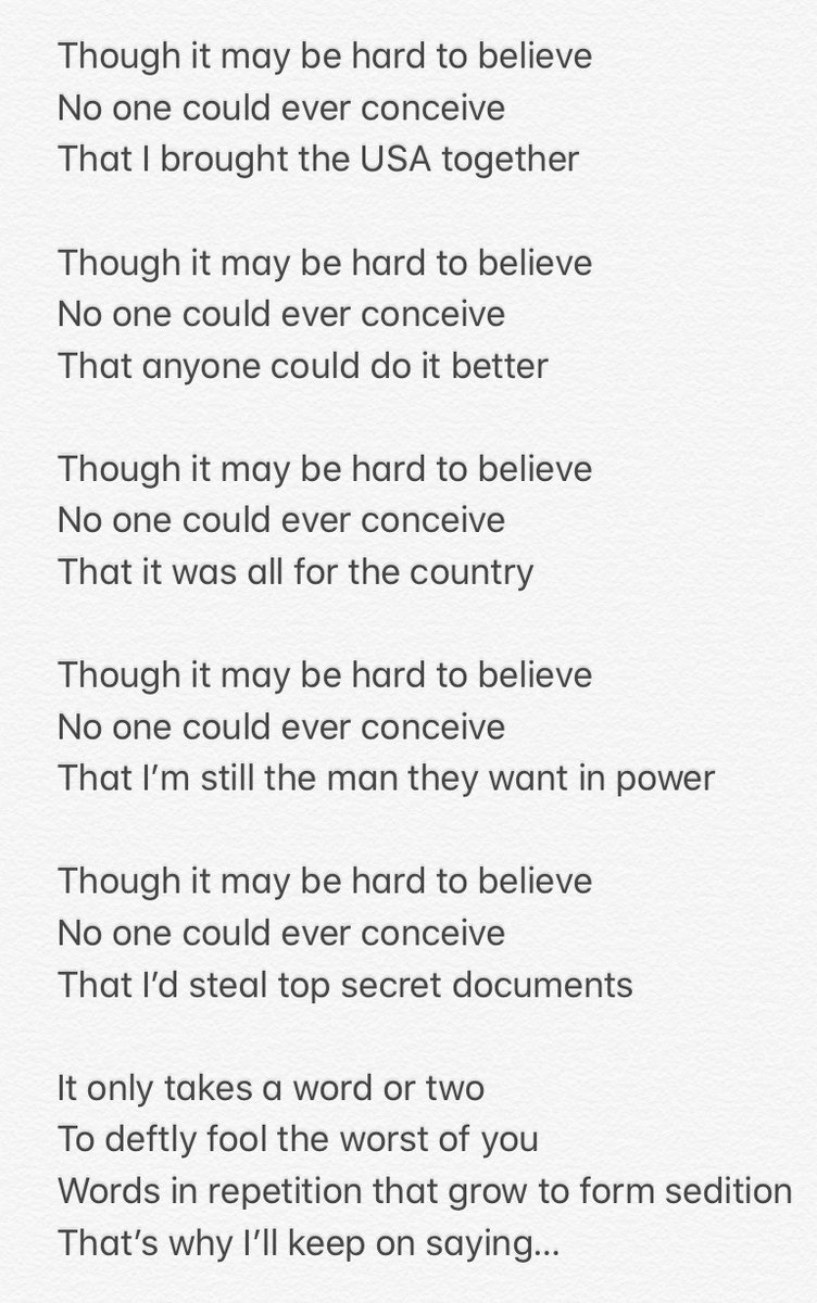 13of15's tweet photo. I wrote these lyrics when Trump announced his candidacy. I planned to create music for it, but never got around to it. Maybe someone knows someone who can do it? It speaks to the absurdity that we’re facing all of this again. https://t.co/Wrhll7vNx8