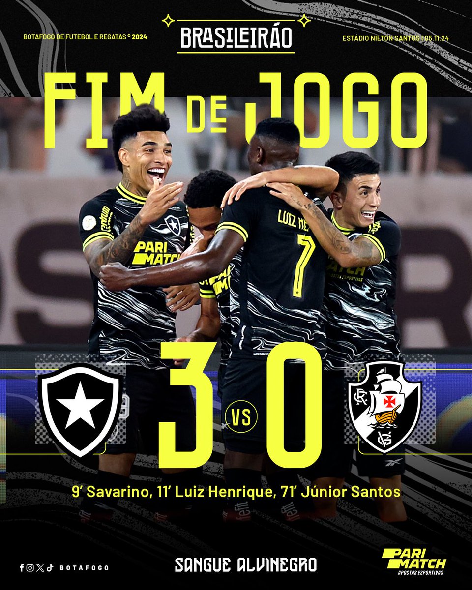 O MEU SANGUE FERVE POR VOCÊ! 🔥💪🏾

BOTAFOGO DÁ SHOW NO NILTON SANTOS E VENCE O CLÁSSICO POR 3 A 0! SAVARINO, LUIZ HENRIQUE E JÚNIOR SANTOS MARCARAM PARA O GLORIOSO! VAAAAAAAAAAAAAMOOOOOOOOOOOOOOOOOOOOOOS, MEU FOGÃO! 🚀⚽ #SANGUEALVINEGRO