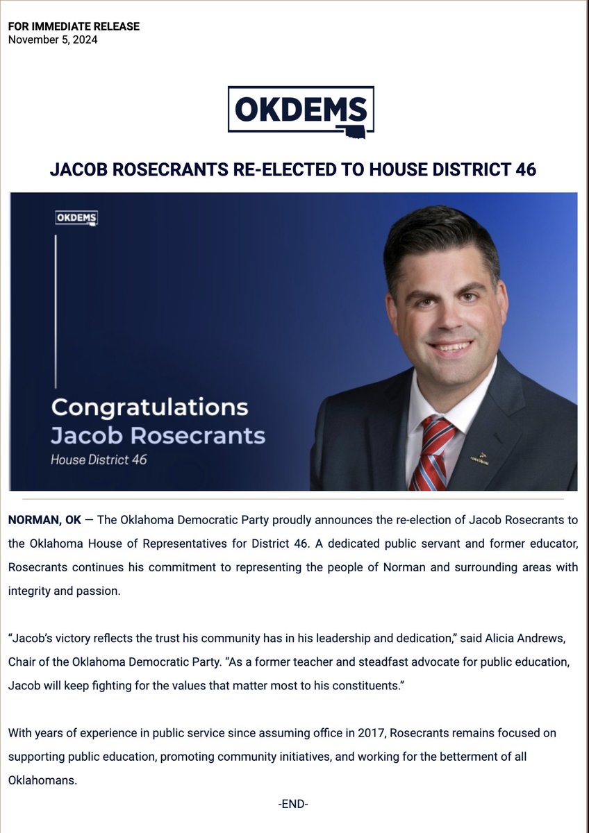 JACOB ROSECRANTS RE-ELECTED TO HOUSE DISTRICT 46

NORMAN, OK — The Oklahoma Democratic Party proudly announces the re-election of Jacob Rosecrants to the Oklahoma House of Representatives for District 46. A dedicated public servant and former educator, Rosecrants continues his